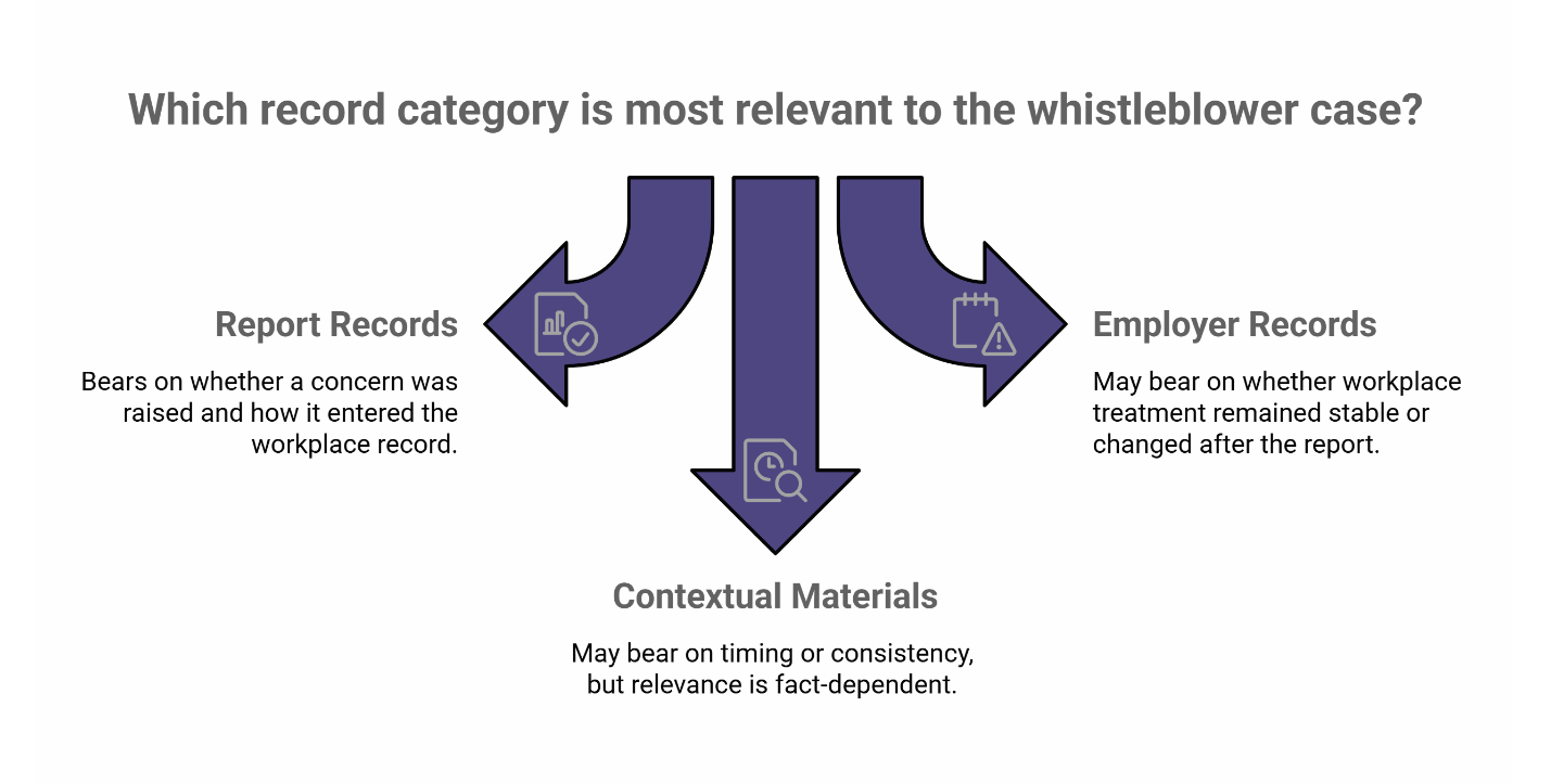 Infographic showing three whistleblower case record categories: Report Records, Employer Records, and Contextual Materials.