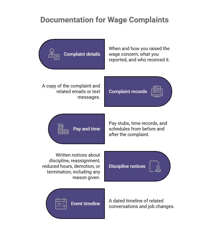 Documentation checklist for wage complaints, including complaint details, related records, pay and time records, discipline notices, and a dated event timeline.
