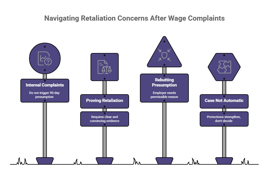 Four legal considerations in retaliation concerns after wage complaints, covering internal complaints, proof requirements, employer rebuttal, and limits of presumptions.