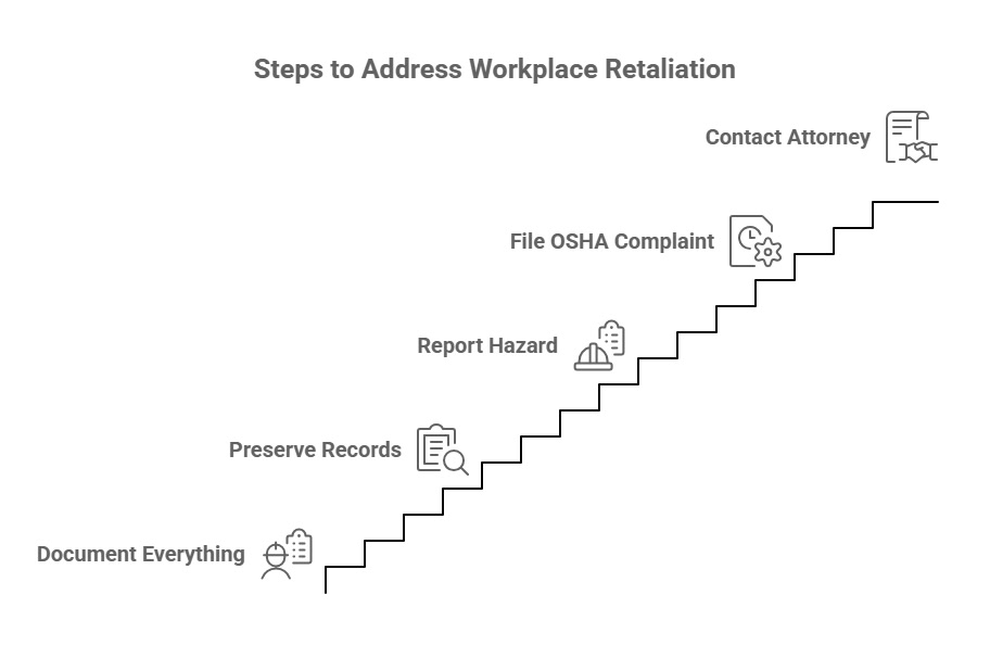 Stair-step graphic outlining actions related to workplace retaliation concerns, including documenting events, preserving records, reporting hazards, filing an OSHA complaint, and contacting an attorney.